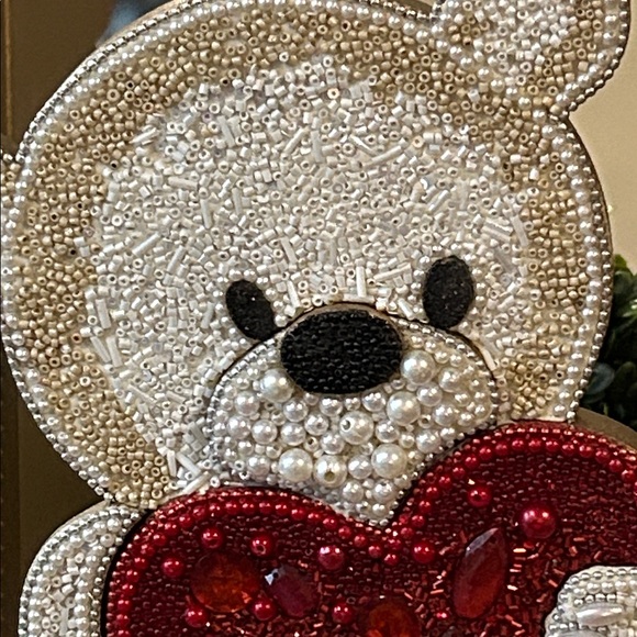 NEW! Vintage Inspired Valentines Day Beaded Wood Teddy Bear & Red Love Heart - Picture 3 of 5